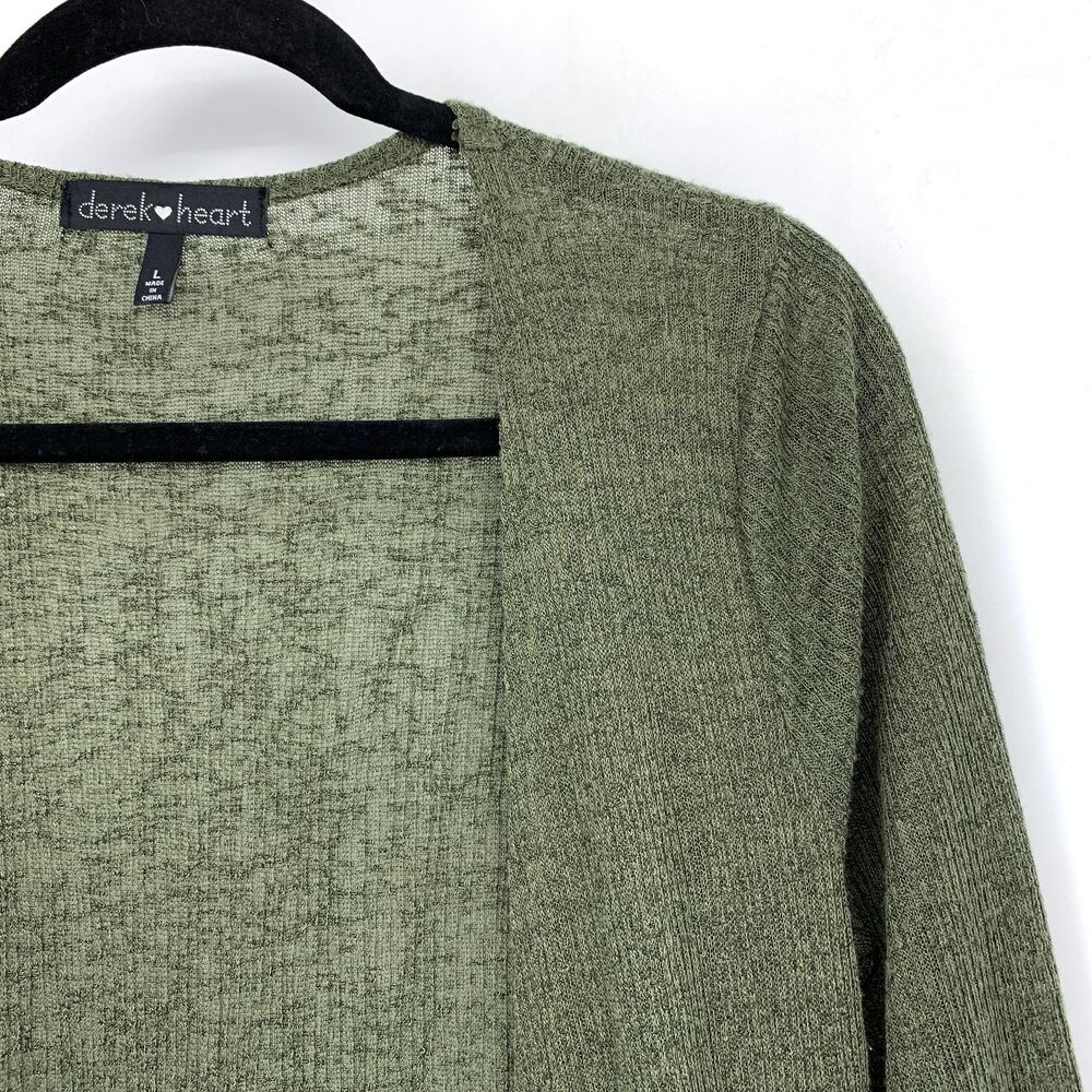 Derek Heart Sharkbite Hem Open Front Duster Cardigan Sweater Size Large Green - Picture 3 of 6